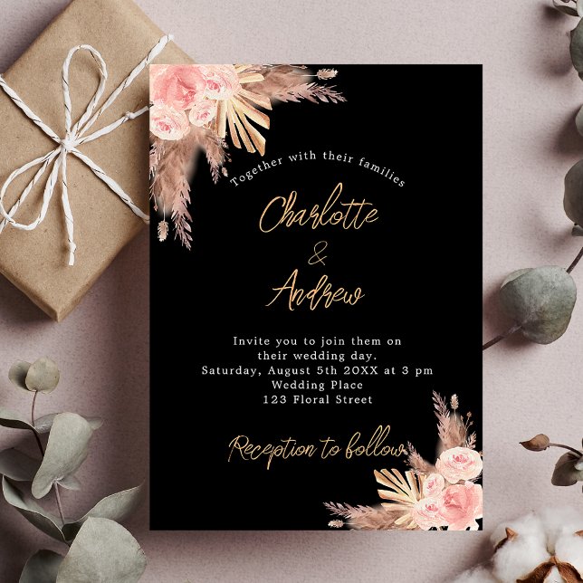 Wedding black pampas grass rose gold florals boho invitation postcard (Creator Uploaded)
