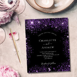Wedding black purple glitter budget invitation flyer