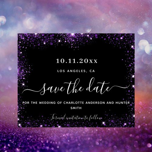 Wedding black purple glitter budget save date