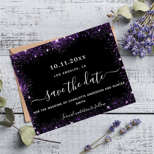 Wedding black purple glitter budget save date flyer