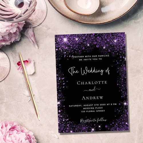 Wedding black purple glitter sparkles invitation