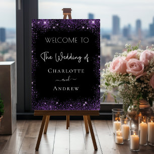 Wedding black purple sparkles welcome foam board