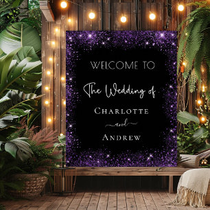 Wedding black purple sparkles welcome poster