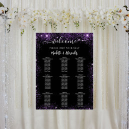 Wedding black purple welcome table seating chart