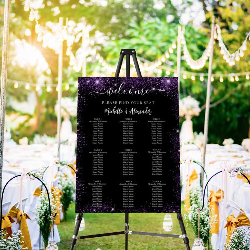 Wedding black purple welcome table seating chart foam board