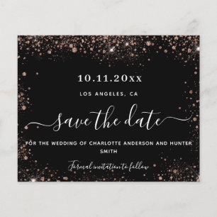 Wedding black rose gold glitter budget save date flyer