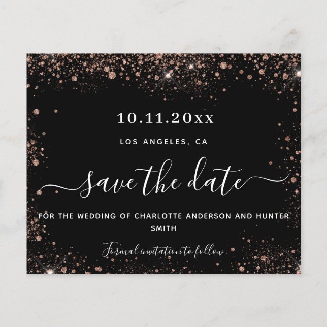 Wedding black rose gold glitter budget save date flyer (Front)