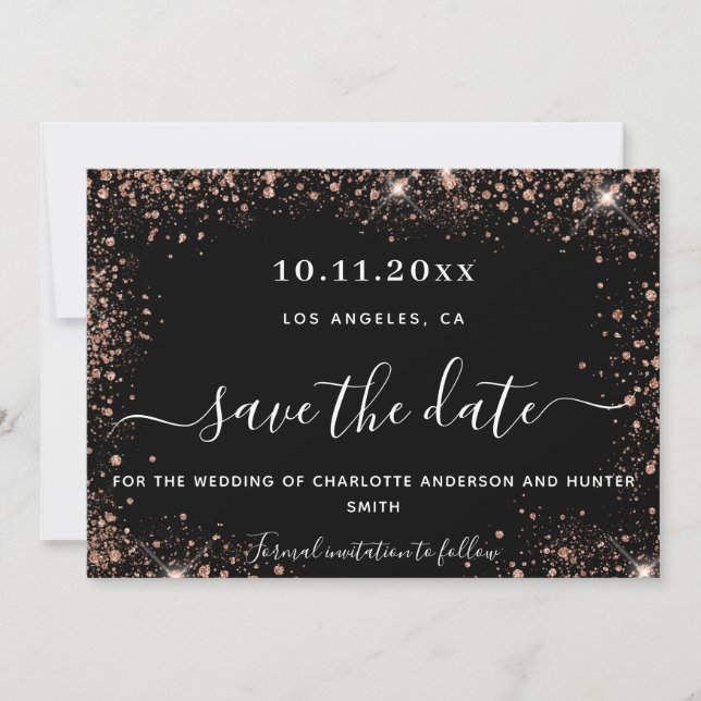 Wedding black rose gold glitter save the date (Front)