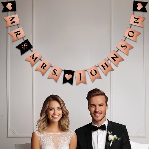 Wedding Black Rose Gold Heart Mr  Mrs Last Name Bunting Flags