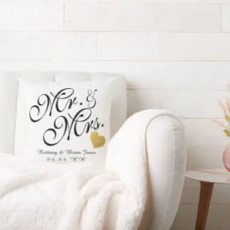 Wedding Black Script Gold Heart Name Mr. and Mrs. Throw Pillow