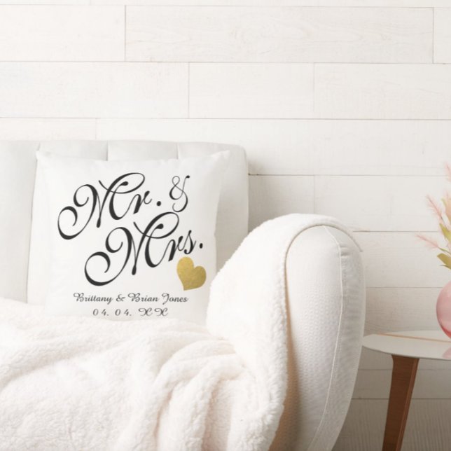Wedding Black Script Gold Heart Name Mr. and Mrs. Throw Pillow (Creator Uploaded)