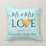 Wedding Black Script  Heart Name Mr. and Mrs Throw Pillow<br><div class="desc">Wedding Black Gold Heart Script Name Mr. and Mrs. keepsake pillow Faux Gold heart White script Mr. and Mrs. Monogram names Wedding Throw Pillow Personalized Wedding keepsake black pillow with white Script Gold Heart Name Mr. and Mrs. wedding Pillow Elegant, personalized, you can change the background color (printed photo effect...</div>