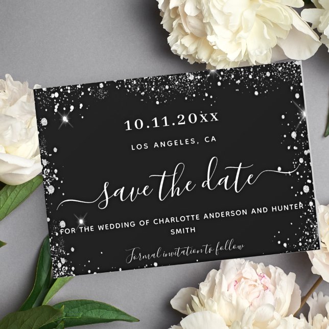 Wedding black silver glitter elegant save the date
