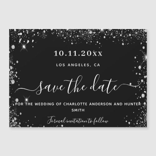 Wedding black silver glitter save date magnet