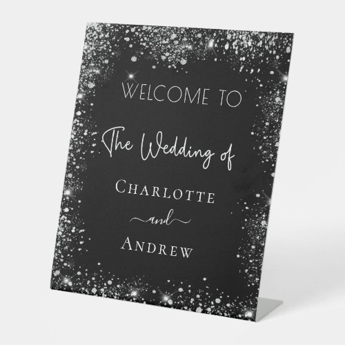 Wedding black silver glitter welcome pedestal sign