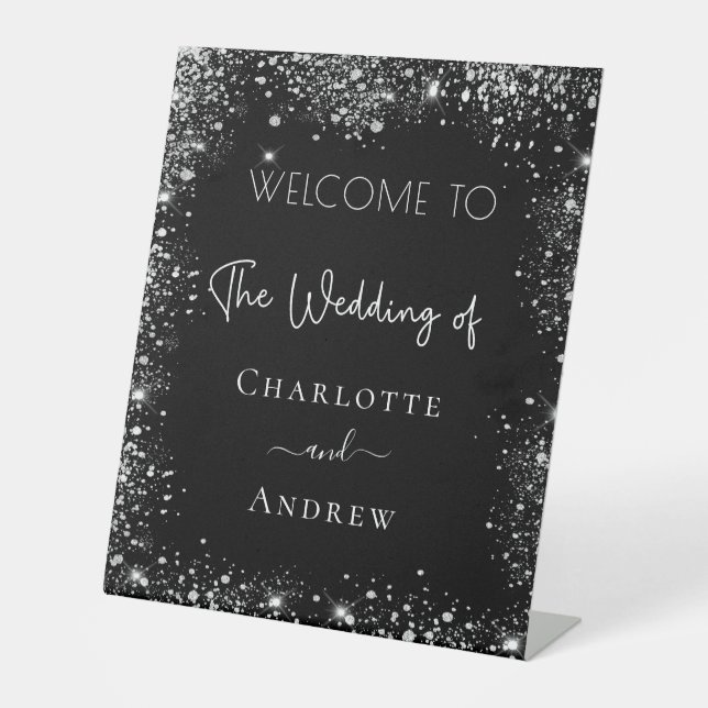 Wedding black silver glitter welcome pedestal sign (Front)
