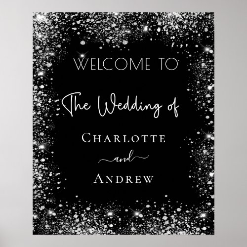 Wedding black silver glitter welcome sign