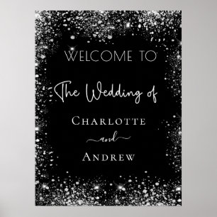 Wedding black silver glitter welcome sign