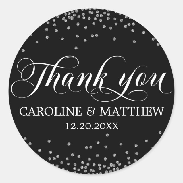Wedding Black Sprinkle Sparkle Silver THANK YOU Classic Round Sticker (Front)