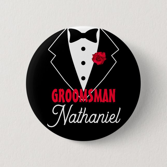 Wedding Black Tie Tuxedo, Red Rose, Customizable Button (Front)
