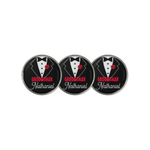 Wedding Black Tie Tuxedo, Red Rose, Customizable Golf Ball Marker