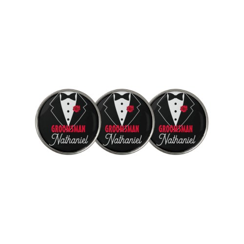 Wedding Black Tie Tuxedo Red Rose Customizable Golf Ball Marker