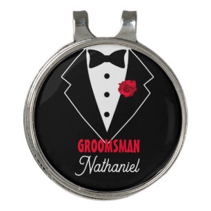 Wedding Black Tie Tuxedo, Red Rose, Customizable Golf Hat Clip