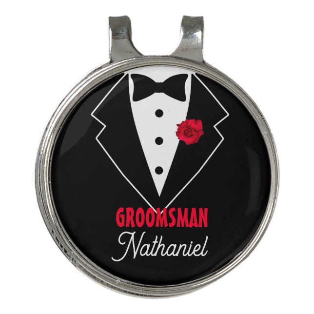 Wedding Black Tie Tuxedo, Red Rose, Customizable Golf Hat Clip (Front)