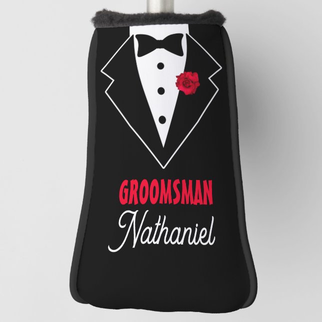 Wedding Black Tie Tuxedo, Red Rose, Customizable Golf Head Cover (Rotate 90)