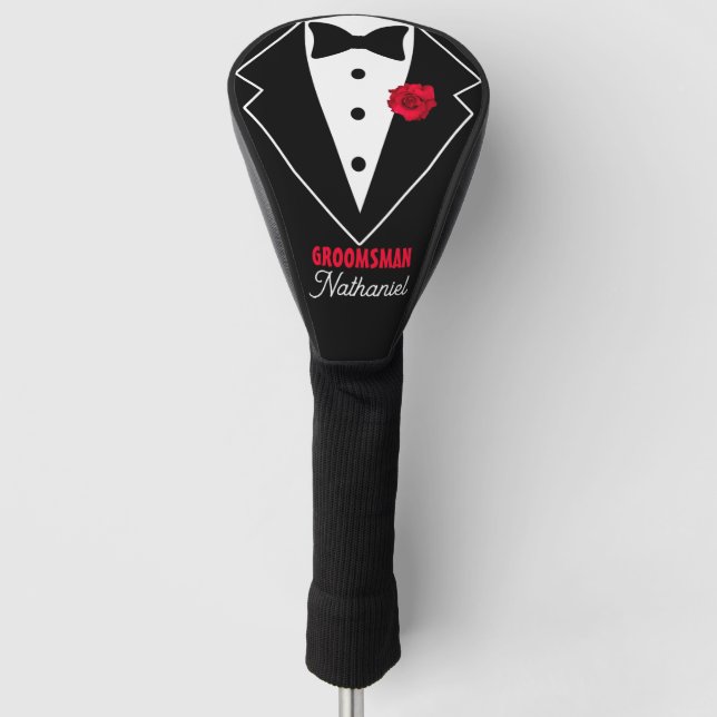 Wedding Black Tie Tuxedo, Red Rose, Customizable Golf Head Cover (Front)