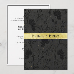 Wedding Black Tooled Leather Gold Ribbon Invitation