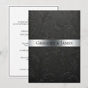 Wedding Black Tooled Leather Silver Ribbon Invitation