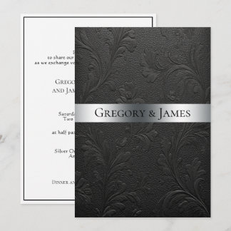 Wedding Black Tooled Leather Silver Ribbon Invitation
