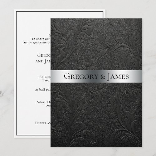 Wedding Black Tooled Leather Silver Ribbon Invitation