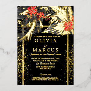 Wedding Black Tropical Fern Crimson Plumeria Foil Invitation