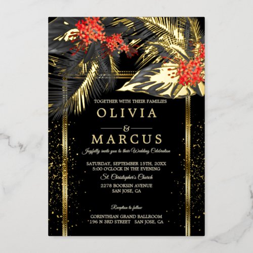 Wedding  Black Tropical Fern Crimson Plumeria  Foil Invitation