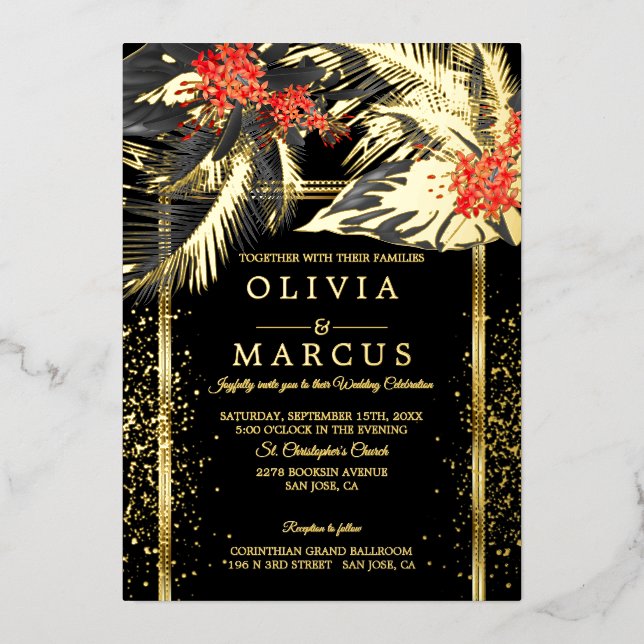 Wedding | Black Tropical Fern Crimson Plumeria  Foil Invitation (Front)