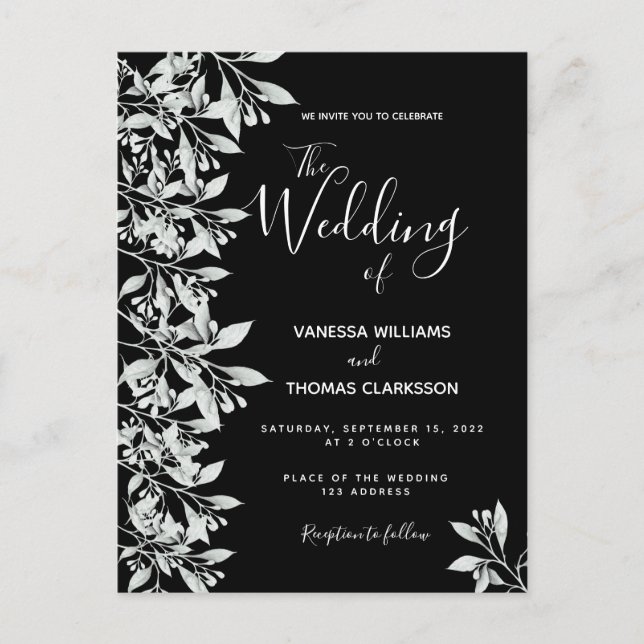 Wedding black white botanical script invitation postcard (Front)