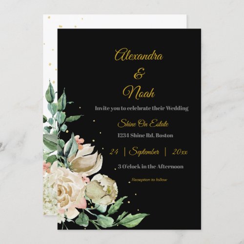 Wedding Black White Elegant Floral Pink Chic Rose Invitation