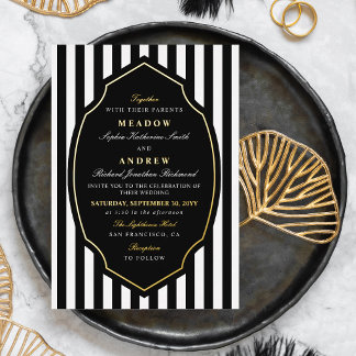 Wedding Black White & Gold With Stripes Foil Invitation
