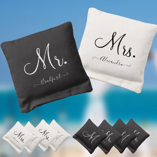 Wedding Black White Gray Minimalist Mr Mrs Script Cornhole Bags