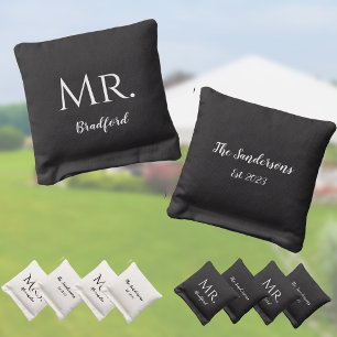 Wedding Black White Minimalist Mr Mrs Script Cornhole Bags
