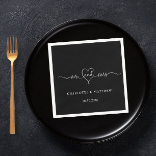 Wedding black white mr mrs heart script simple napkins