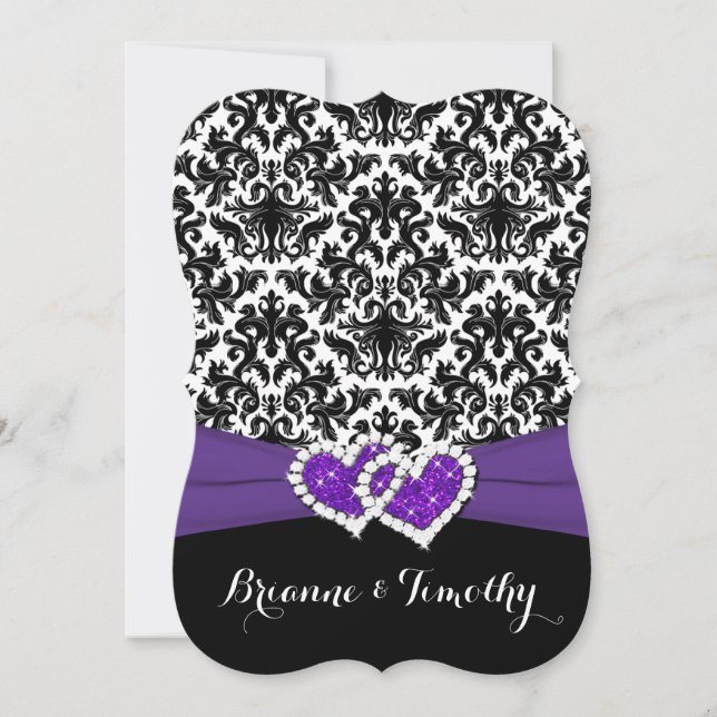 Wedding | Black White Purple | Damask | Hearts Invitation (Front)