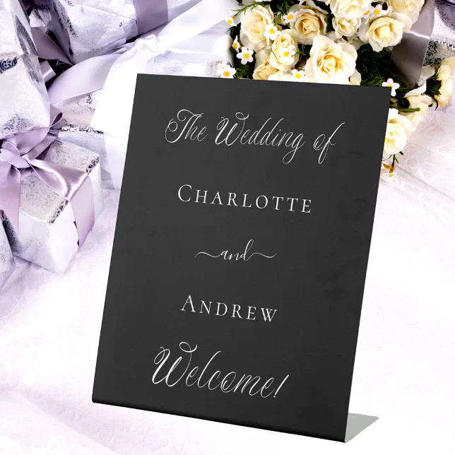 Wedding black white script welcome pedestal sign | Zazzle