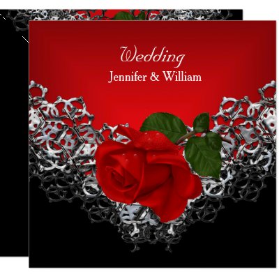 Wedding Black White Silver Deep RED Rose Card