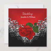 Wedding Black White Silver Deep RED Rose Invitation (Front)