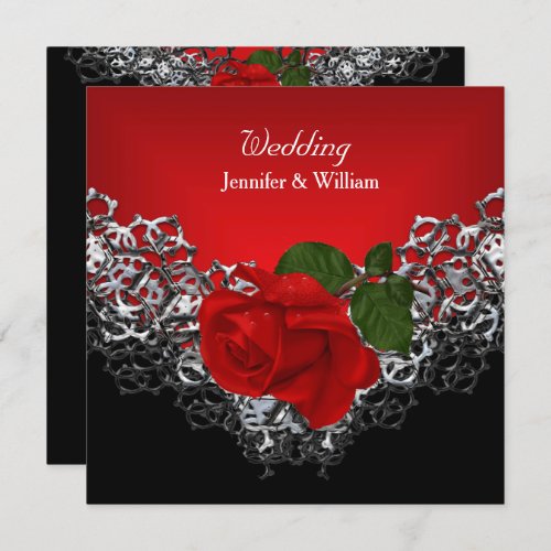 Wedding Black White Silver Deep RED Rose Invitation