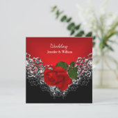 Wedding Black White Silver Deep RED Rose Invitation (Standing Front)