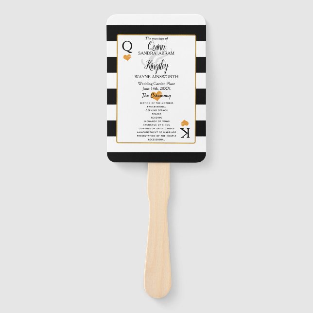 Wedding Black & White Stripes | Gold Heart Program Hand Fan (Front)